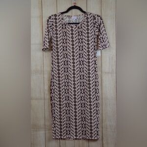 LuLaRoe Julia Geometric Patterned Midi Dress in Brown and Cream
